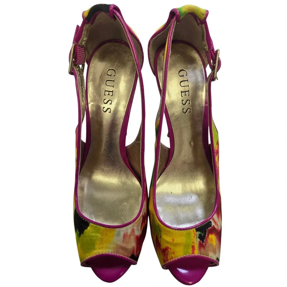 Guess GWHONDOLA Floral Peep Toe Platform Heels Pink‎ Yellow Magenta Womens 6M